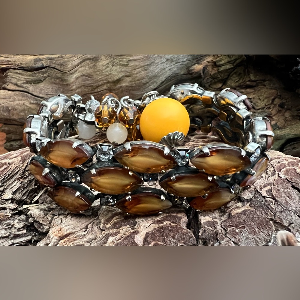 Danny Pollak Bracelet Smoky Gold Yellow Crystals Clear Crystals White 7.5” Sz ML
